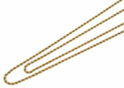 A late Victorian 9ct gold rope twist long guard chain the ends fitted with a 9ct gold clip length