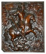 An oak caved panel, late 18th/19th century the rectangular panel carved with a knight on horseback