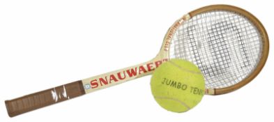 A Snauwaert oversized wooden tennis racket and tennis ball, possibly used for advertising purposes