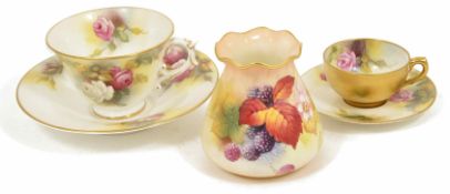 A small collection of Worcester including a small vase by Kitty Blake with fluted rim hand painted