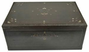 An ebonised mother of pearl inlaid writing box, 19th century of rectangular form with brass