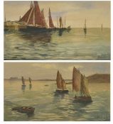 F Hebert, (French) a pair of watercolours depicting boats in full sail, in a maplewood frames,