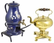 A brass pedestal kettle, 20th century with turned wooden handle, baluster shaped body upon turned