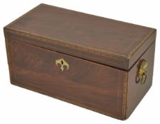 A 19th century mahogany and cross banded tea caddy of rectangular form with hinged lid and two