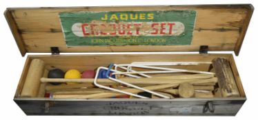 A vintage Jaques croquet set in wooden box complete set with four hardwood mallets, four balls