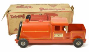 A Tri-ang Express train, circa 1950's with original box, re-painted pillar box red height 18.5 x