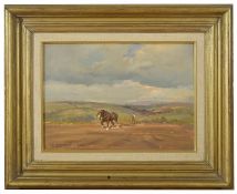 Sally Gaywood (British) 20th century 'Ploughing on Dartmoor' a rustic painting of a man ploughing