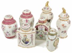 A collection of seven Continental porcelain tea caddies, 19th century and later to include a pair of