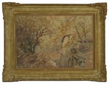 Ernest Pile Bucknall (British 1861-1919) 'Autumn' a scene of water mill within a forest. Signed