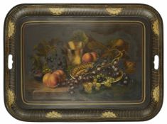 A Victorian Tole style tray of rectangular form with cut out handles, the centre painted with a