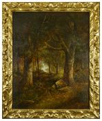 Joseph Thors (Dutch 1835-1920) The Faggot Gatherers, Gathering kindling in dense woodland, large oil