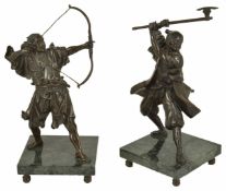 A pair of bronze Oriental warriors, 20th century each figure standing, one aiming a bow and the