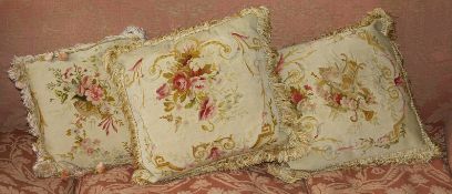 Four matching cushions made from 18th century Aubusson floral tapestry of rose and ribbon design (4)