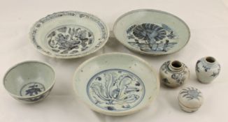 Three Chinese Swatow blue and white plates, late Ming to include a dish with central painted
