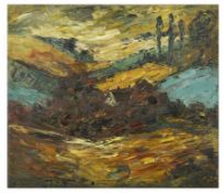 A British School framed oil on canvas abstract scene with a house and trees in the distance in