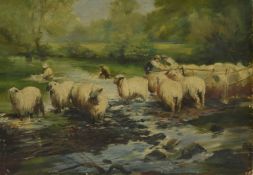 British School 'Dipping the Sheep' 20th century depicting figures washing the sheep in dip, within a