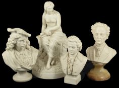 A collection of four late 19th century parian busts including Mozart in typical dress upon a