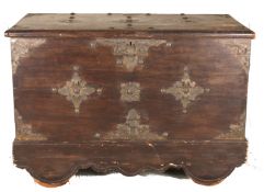 A hardwood painted coffer, 20th century of rectangular form with hinged lid, with applied metal