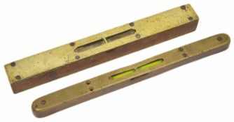 Two late 19th century brass and oak spirit levels one with makers name (worn) Marples & Sons the