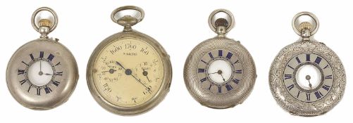 Three silver half hunter pocket watches, late 19th century together with a chrome cased pedometer (