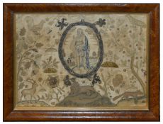 An early 18th Century silk and metallic thread needlework and stumpwork picture with central oval