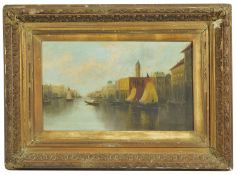 A 19th Century Continental Neapolitan gondola river scene oil on canvas, with waiting gondolas and