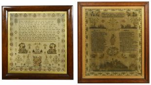 Two mid 19th Century oak framed samplers the first embroidered with verse and coloured threads