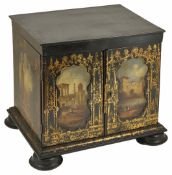 A Grand Tour style papier-m?ch? and ebonised table cabinet of rectangular form, the exterior