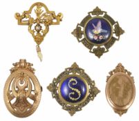 A French Art Nouveau foliate drop brooch together with four other gilt metal brooches of various