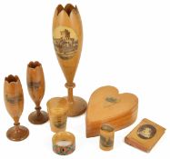 A collection of Mauchline Wares to include two bud vases 'Bridge of Allan', a large vase 'Wood Crown