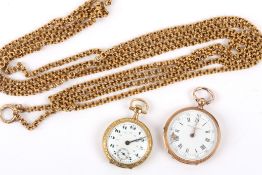 An attractive antique Continental gold longuard chain and two gold fob watches the fancy longuard