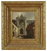 A European painting of a Church, late 18th /early 19th century depicted at the end of a built up