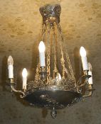 An Empire style six branch ceiling light, 20th century the central pierced leaf and finial ceiling