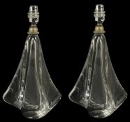 A pair of Val St Lambert table lamps of clear glass wavy shaped, signature to bases, (2) total