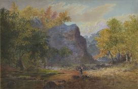 J Carlton, 1870 depicting a female standing in the middle of the an Autumn woodland, signature to