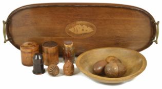 An Edwardian mahogany and inlaid tray, of oval form with twin handles with central conch shell,