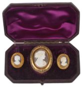 A Victorian Etruscan style classical portrait cameo brooch and earrings the yellow metal oval brooch