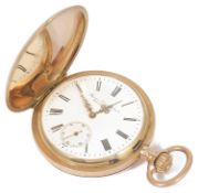 A Georges Favre Jacot 14K gold full hunter pocket watch the closed case with white enamel dial