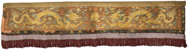 A 19th century Chinese embroidered alter hanging, circa 1860 the brown wool ground embroidered in