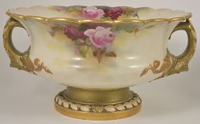 A Royal Worcester twin handled pedestal centre bowl, painted by Reginald Austin, dated 1910 the