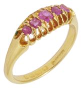 An 18ct gold Victorian five stone ruby gypsy ring, the open claw setting set with five small