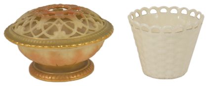 A Belleek porcelain basket, late 19th/early 20th century of conical form with wavy pierced rim above