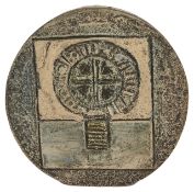 A small Troika vase of circular form with textured finish and geometric patterns to front and