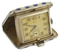A Juvenia silver blue and white striped travelling clock of rectangular form with clasp and hinge