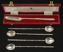 Three Asprey sterling silver cocktail accessories comprising two sets of drinking straws/spoons in