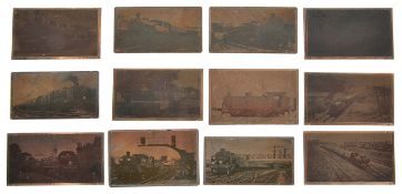 A collection of twelve acid etched copper plates of steam locomotives, (12) 12.5 x 8 cm
