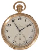 A Rolex 9ct gold pocket watch the white enamel dial with Arabic numeral hours, baton minutes with