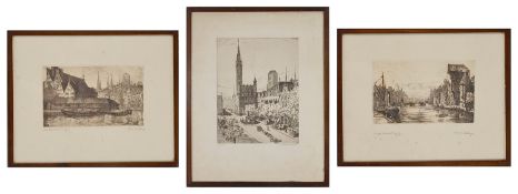 Maria Muttray (German) 'Lange Brucke Danzig' depicting a river between buildings with a boat