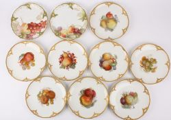 Eight German K.P.M. painted fruit porcelain cabinet plates each painted with cluster of fruit to the