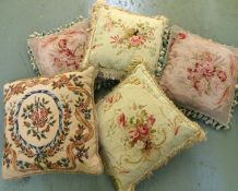 Five French assorted cushions made from antique floral tapestry of rose and ribbon design,